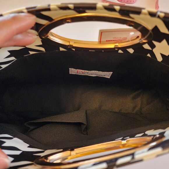 EY Boutique Handbag Womens Black White Have Some Houndstooth Gold Chain Handles - Picture 5 of 8
